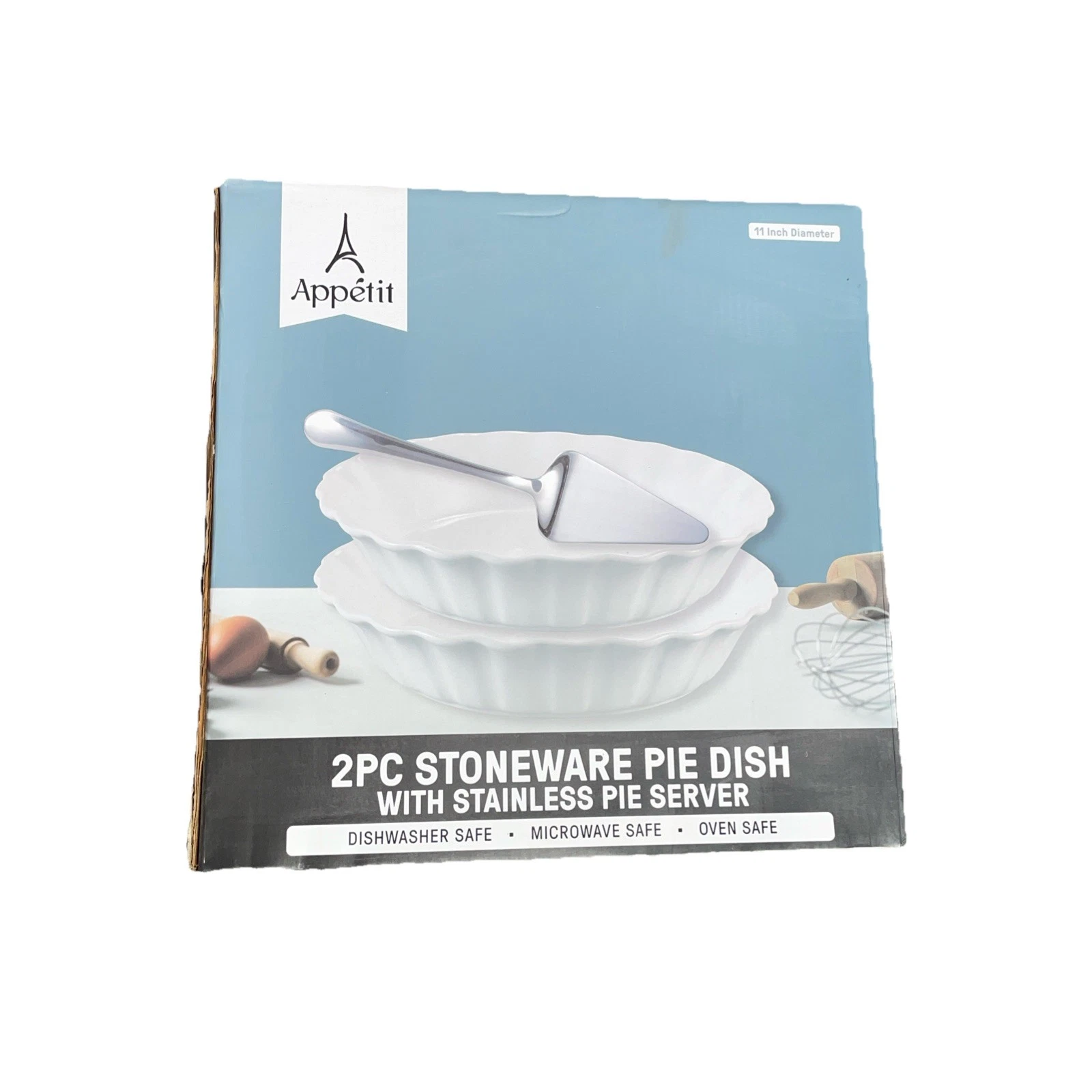 APPETIT 2 PC STONEWARE 11" PIE DISH WITH STAINLESS PIE SERVER, NEW IN BOX