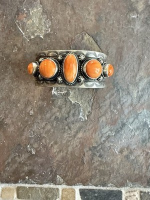 Navajo Signed Spiny Oyster Shell Cuff Bracelet Sterling Silver 6 1/2 