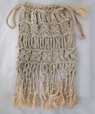 FOR PARTS - Handmade Crochet Purse Hippie Boho Fringe Macrame 11 x 7 Cream