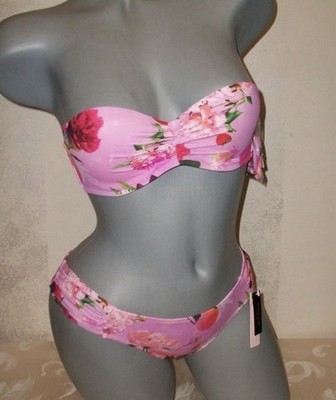 NWT Victoria Secret 32B Violet Peach Floral Bandeau Swimsuit Bikini Set 
