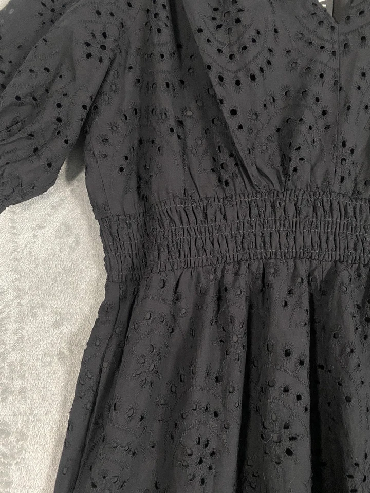 NUEVO CON ETIQUETAS WHBM Vestido Talla L Negro Manga Abullonada Ojales Midi Forrado Bolsillos Cottagecore Foto 4 de 4