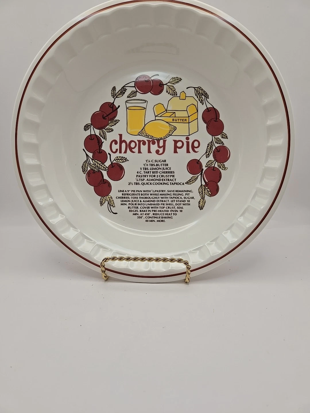 Vintage Cherry Pie Recipe Pie Plate Pan 10" Ceramic Hankook