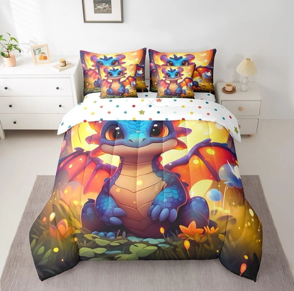 Juego de edredón de cama en bolsa de dragón de dibujos animados, juego de 7 piezas de animal mágico tamaño doble Foto 2 de 4