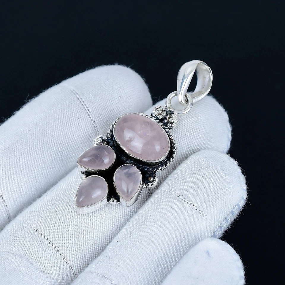 Rosa Quarzo Rosa Gemma Ciondolo 925 Argento Sterling Gioielli Per Donna Regalo - Immagine 3 di 4