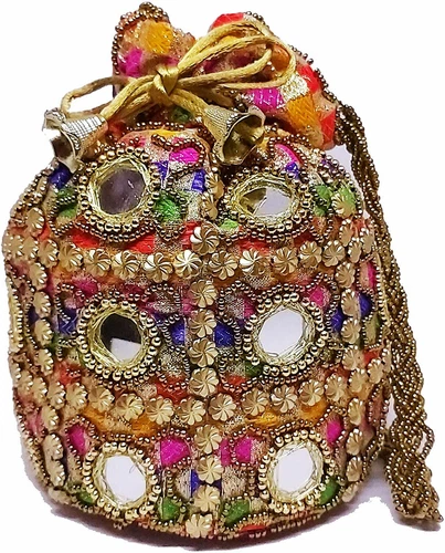 HANDMADE INDIAN ETHNIC CLUTCH SILK POTLI BATWA POUCH BAG WITH METAL BEADWORK