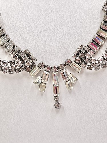 Vintage Necklace Rhinestones Silver Tone Glass Choker 16” - Picture 3 of 10