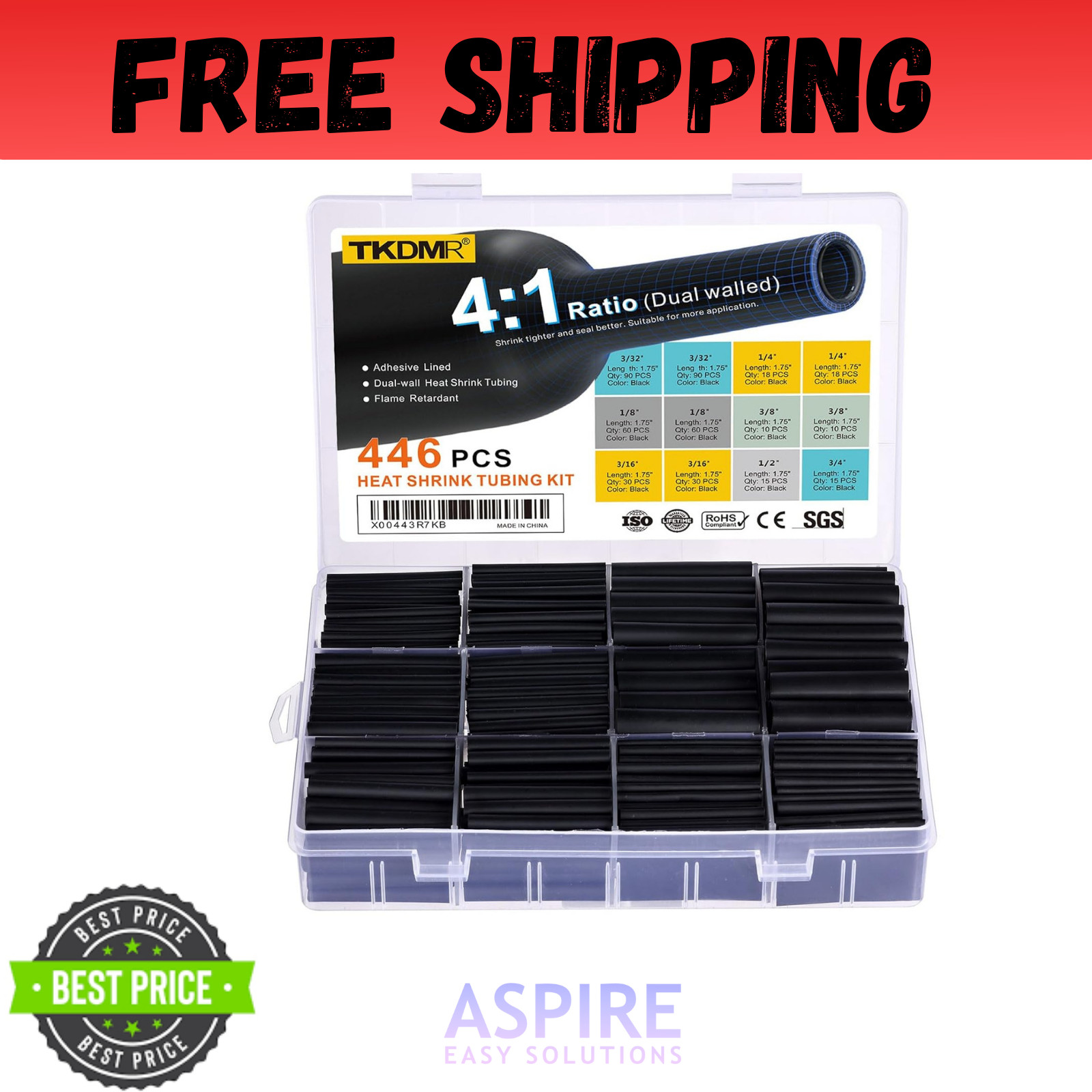 446 Pcs Heat Shrink Tubing Kit-4:1 Ratio Adhesive Lined Marine Grade Shrink