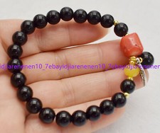 Natural 8mm Black Agate Round  Coral Cylinder Beads Elastic Bracelet 7.5 in