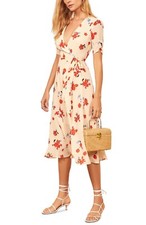 REFORMATION Chagall Cream Red Floral Print NAPA Wrap Midi Crepe Dress XS = 0 NWD