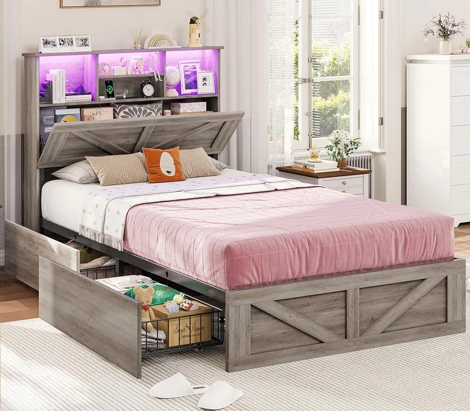 Каркас кровати фермерского дома с изголовьем книжного шкафа для хранения и 4 ящиками. Светодиодная деревянная кровать - Изображение 2 из 4