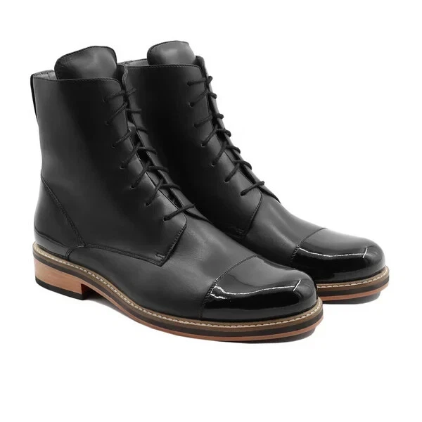 Handmade Men Black Leather High Ankle Lace Up Hiking Boot, Jungle Boots For Mens