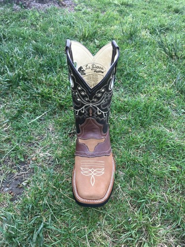 Men cowboy Genuine Cowhide Leather square toe Rodeo Western BOOTS Bota Vaquera - Picture 9 of 18
