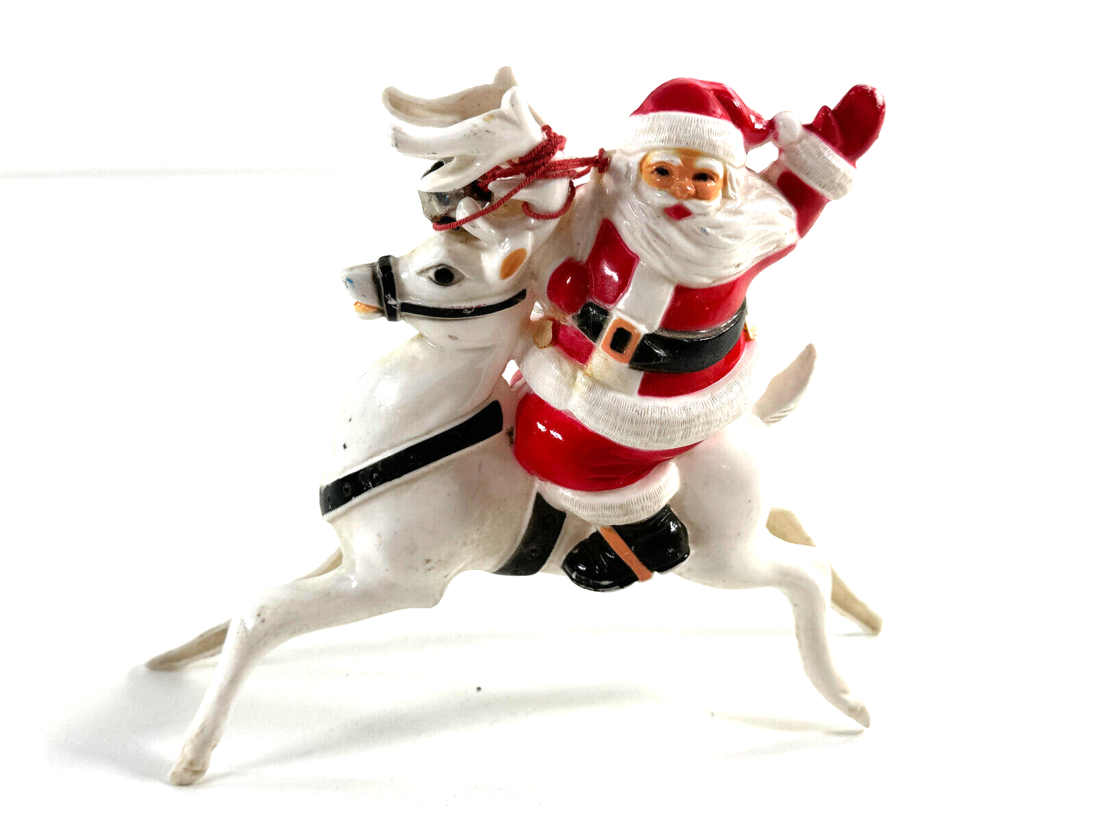 vtg Christmas Xmas 50s 60s Santa Claus on Reindeer hard plastic