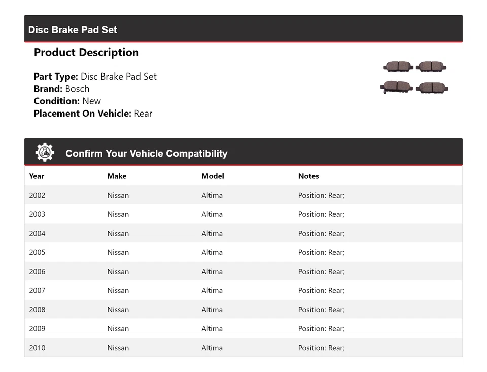 Pastillas de freno traseras de cerámica QuietCast 2003 2004 para Nissan Altima Bosch 2002-2010 Foto 2 de 4