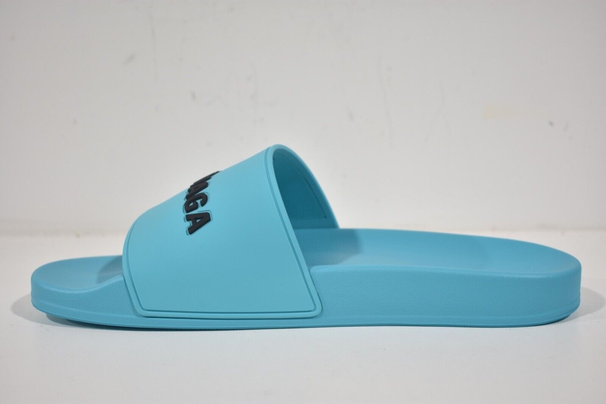 Balenciaga Turquoise Blue Rubber Black Logo Slide Pool 