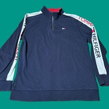 Tommy Hilfiger Mens XL 1/4 Zip Sweater Navy Logo Pullover Knit