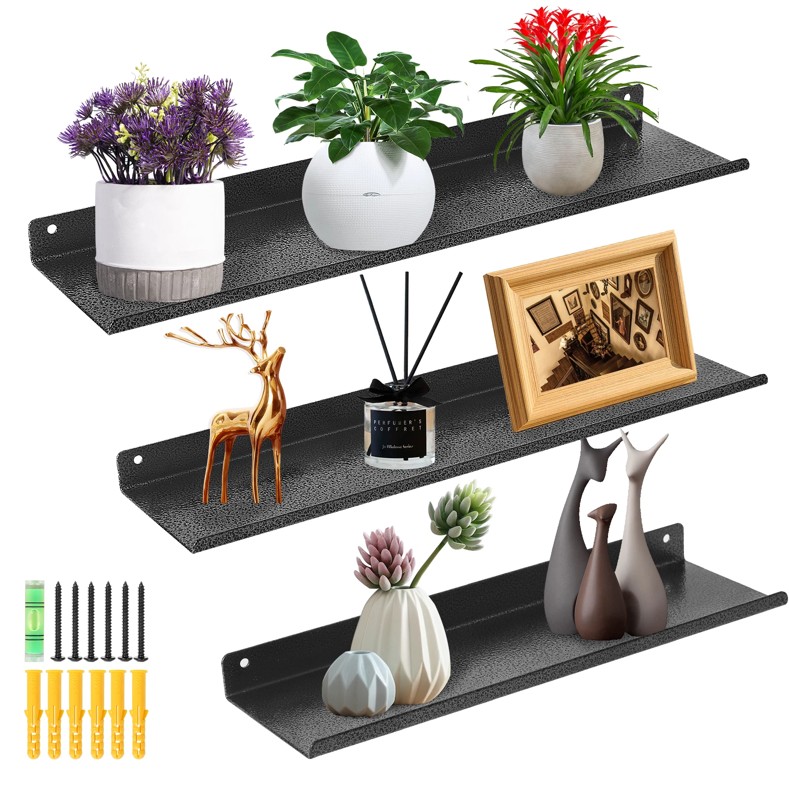 3 Tier Wall Mounted Floating Shelves Iron Hanging Organizer Rack Home Decor
