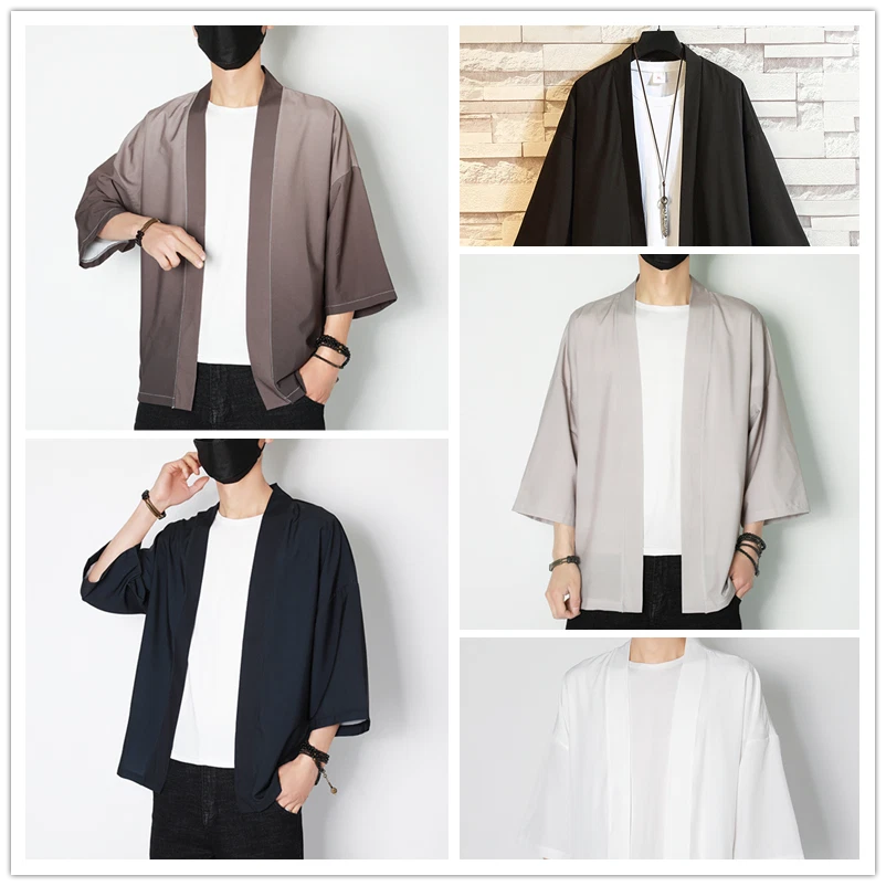 Plain Men Kimono Jacket Coat Cardigan Outwear Retro Japanese