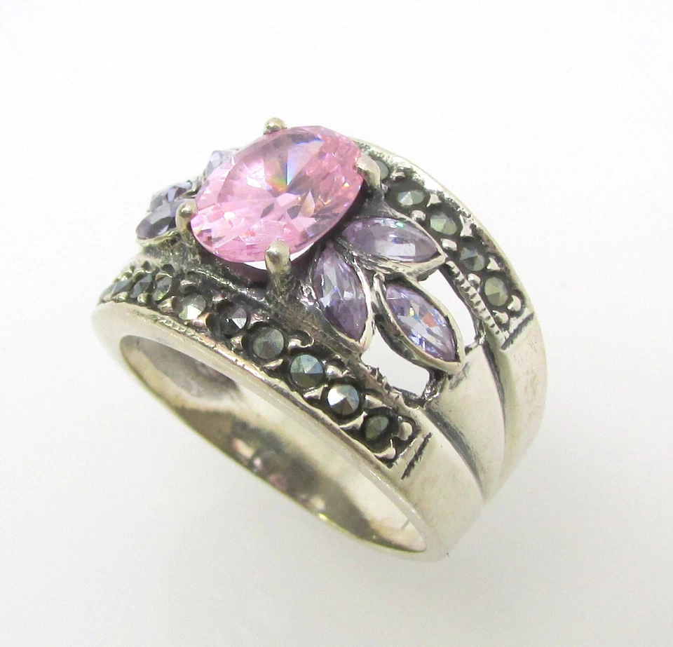 Anillo de plata de ley 925 rosa y púrpura circonita cúbica y banda de marcasita talla 6 - 5,5 g Foto 4 de 4