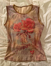 Y2K-era vintage tank top floral and rhineston...