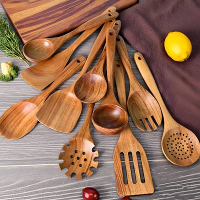 10PCS Wooden Cooking Utensils Set Kitchen Spoons Natural Wood Spatula Tools
