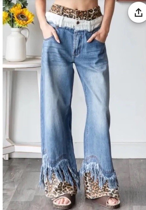 Women’s Boutique Jeans, Double Waist, With Leopard & Fringe, Medium