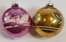 1938-1942 Shiny Brite Stenciled Glass Ornaments Gold Pink Santa + Reindeer Set/2