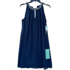 S.L. Fashion Dress Navy Blue Beaded Halter Neckline Keyhole Sleeveless Size 4