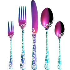 20 piece Peony Flower Pattern Design Silverware Set, Stainless Steel Flatware...