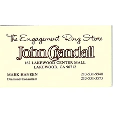 John Crandall Ring Store Mark Hansen Lakewood CA Vintage Business Card SSB4-16