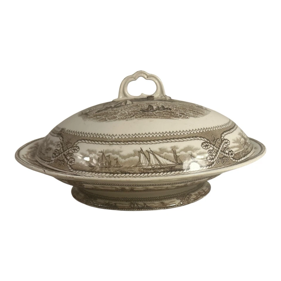 Antiguo cuenco para servir cubierto náutico Ashworth Transferware Foto 4 de 4
