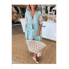 Boho Floral Maxi Dress Blue Tan Tassel Tie V Neck Ruffle Sleeve Women's Small