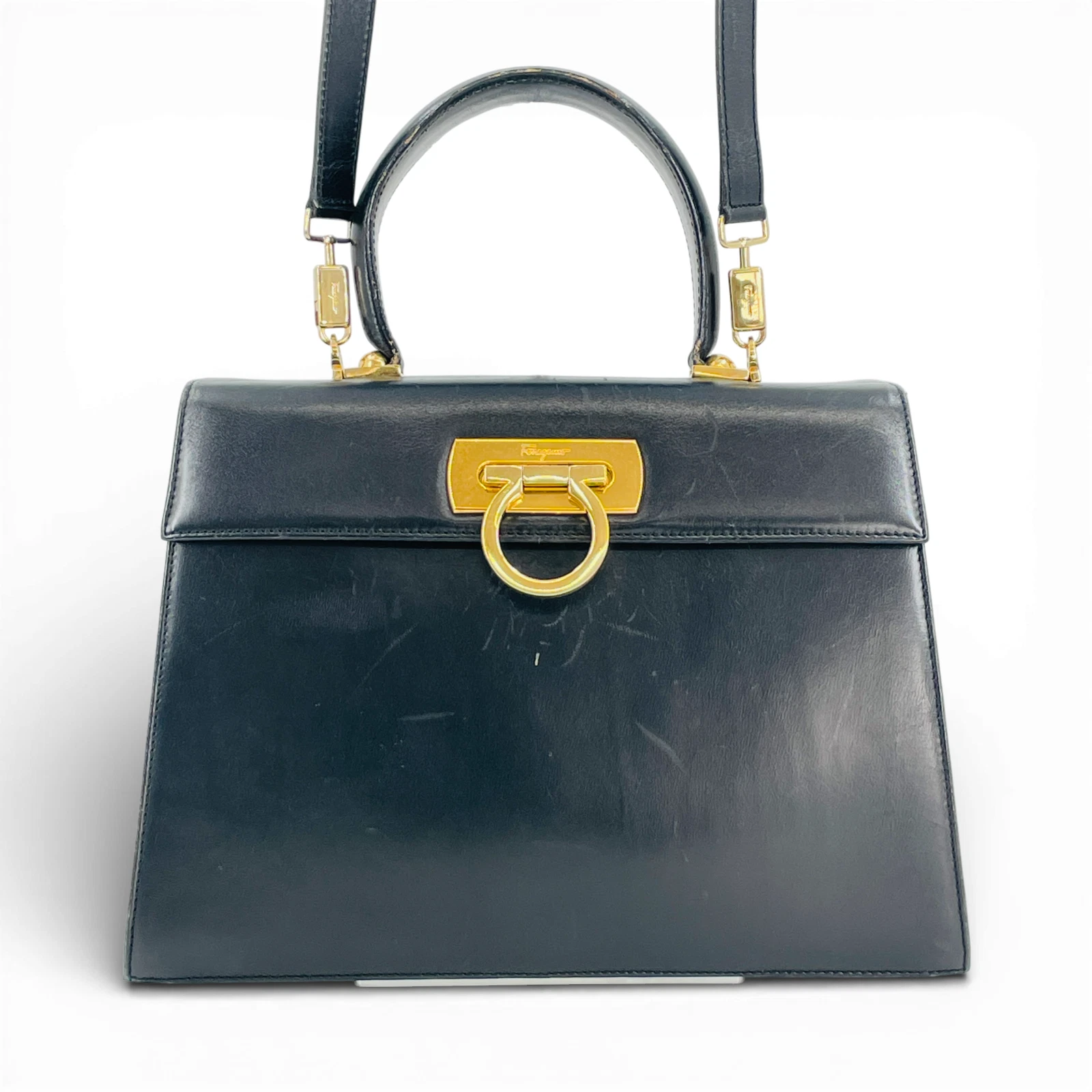 Ferragamo — Auth SALVATORE FERRAGAMO Black Leather Gancini Ladies 2WAY Handbag JX856