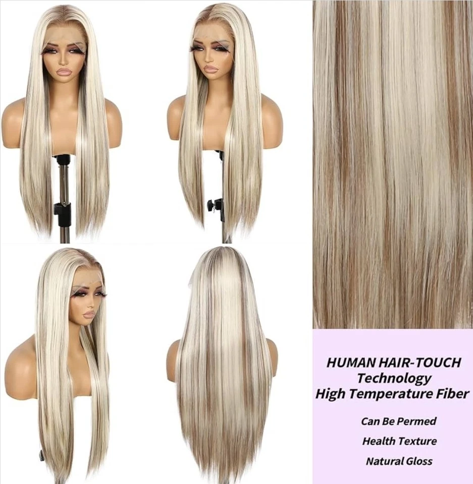 HD Front Lace Wig Human Hair Blend Highlights Long Straight Blonde - Image 2 of 4