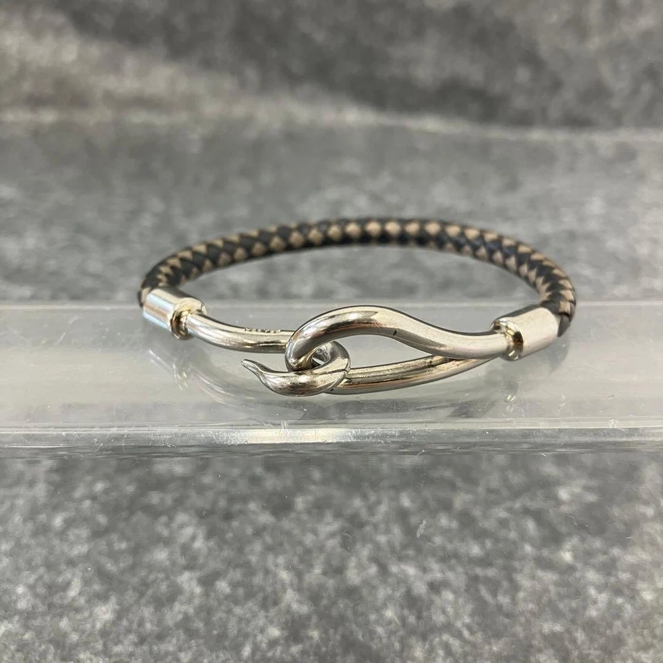 Pulsera Hermes Jumbo Trenzada Cuero Negro Gris Plata Para Hombre Usada De Japón Foto 3 de 4