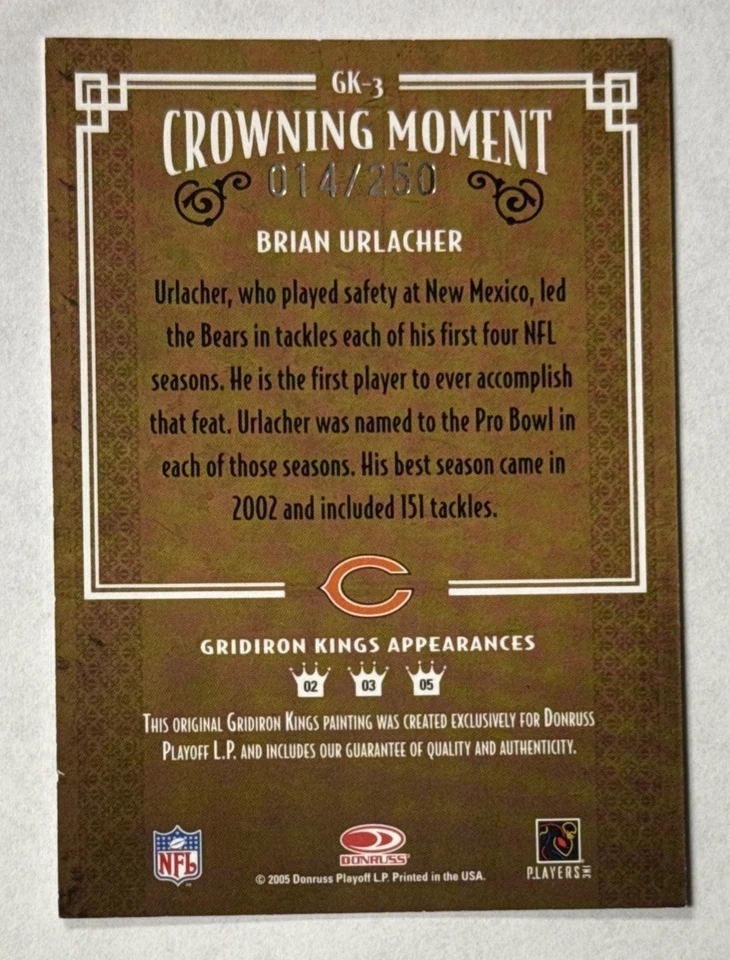 2005 Donruss Throwback Threads Gridiron Kings Silver 014/250 Brian Urlacher HOF - Image 2 of 2