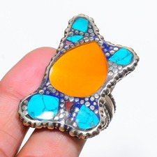 Yellow Coral Turquoise Adjustable Ring Handmade Tibetan Nepali Jewelry NR 3400