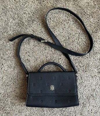 Tommy Hilfiger Medium Classic Satchel Handbag Black Monogram Logo Embossed