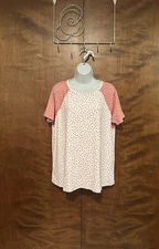 E Luna Short Sleeve Henley Top Womens S Ivory & Pink Floral Contrast Rib Knit