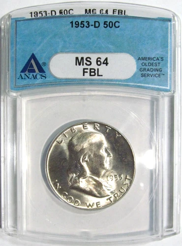 1953-D FRANKLIN Silver Half Dollar ANACS MS 64 FBL
