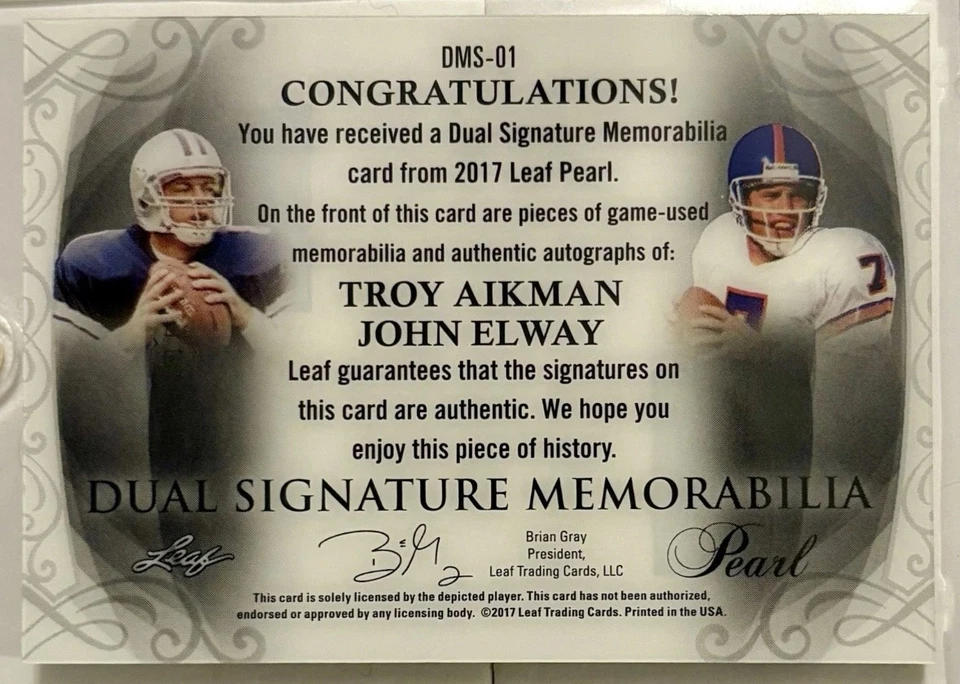 2017 Leaf Pearl Troy Aikman / John Elway NFL GU•Game-Used Dual AUTO Patch /10 - Image 2 of 3