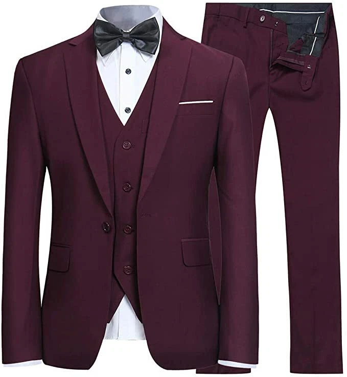 Men's slim fit 3 piece suit one button blazer tux vest & trousers clearance