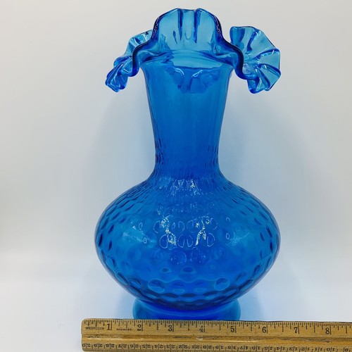 Fenton Art Glass Colonial Blue 11” Vase Crimped Rim Dot Thumbprint Optic - Picture 7 of 12