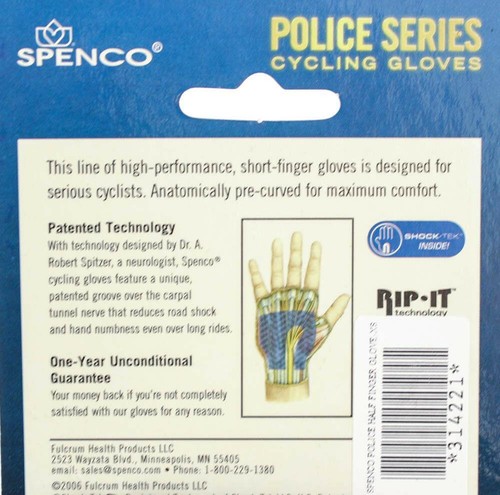 Guantes acolchados de medio dedo SPENCO POLICE RIP-IT X-Small para ciclismo negros NUEVO - Imagen 2 de 4