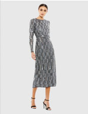 MAC DUGGAL 93590 EMBELLISHED HIGH NECK LONG SLEEVE MIDI GREY/CHARCOAL DRESS sz 2