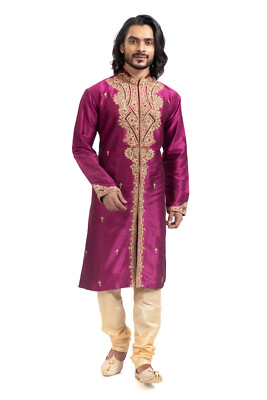 itailorman Men s Designer Ethnic Burgundy Kurta Set Embroidered Party Wear