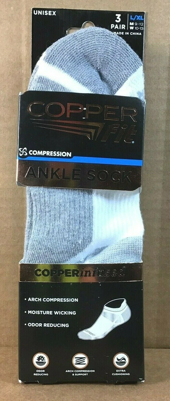 Copper Fit 3 PAIR Ankle Socks Copper Infused Compression Size L/XL White/Grey