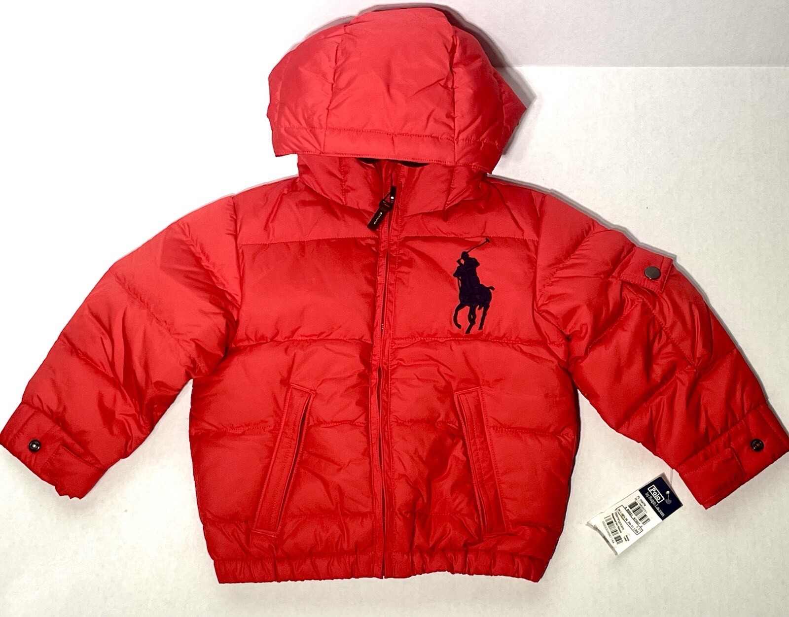 Piumino tampone nuovo con etichette ❤️ polo ralph lauren con cappuccio rosso blu navy grande pony bambino 2 2T