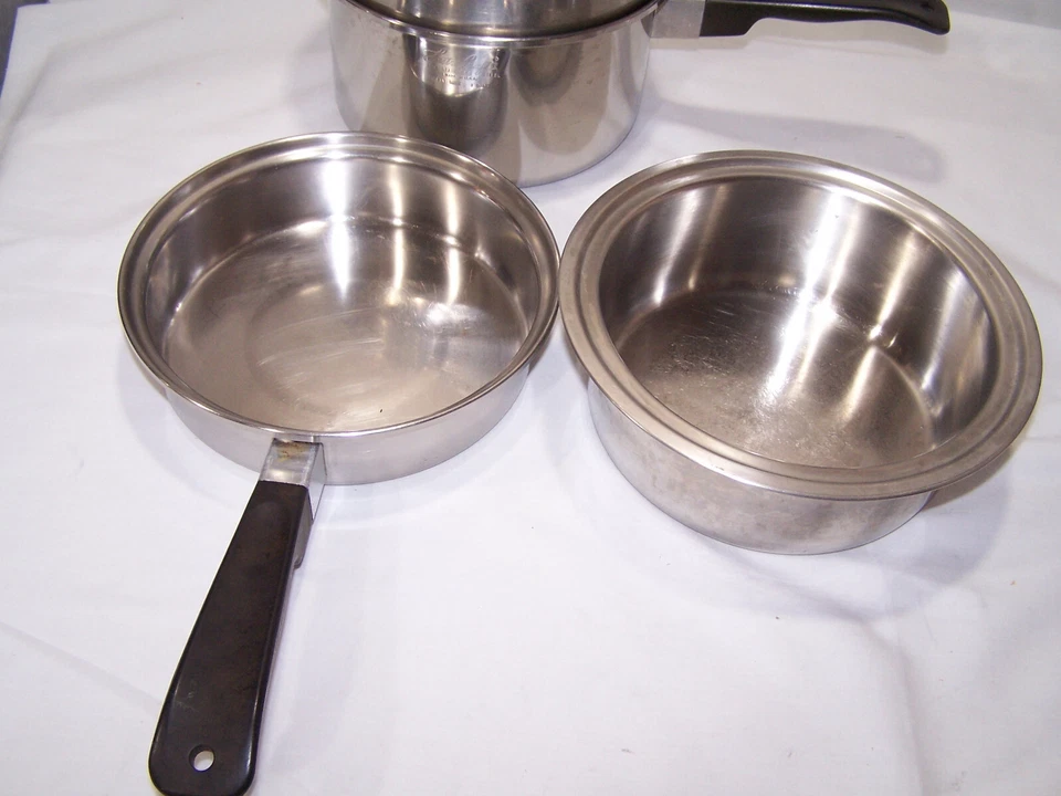 5 pc Viintage Lustre Craft Sauce Pan  Steamer Skillet Double Boiler Cookware SS - Изображение 2 из 4