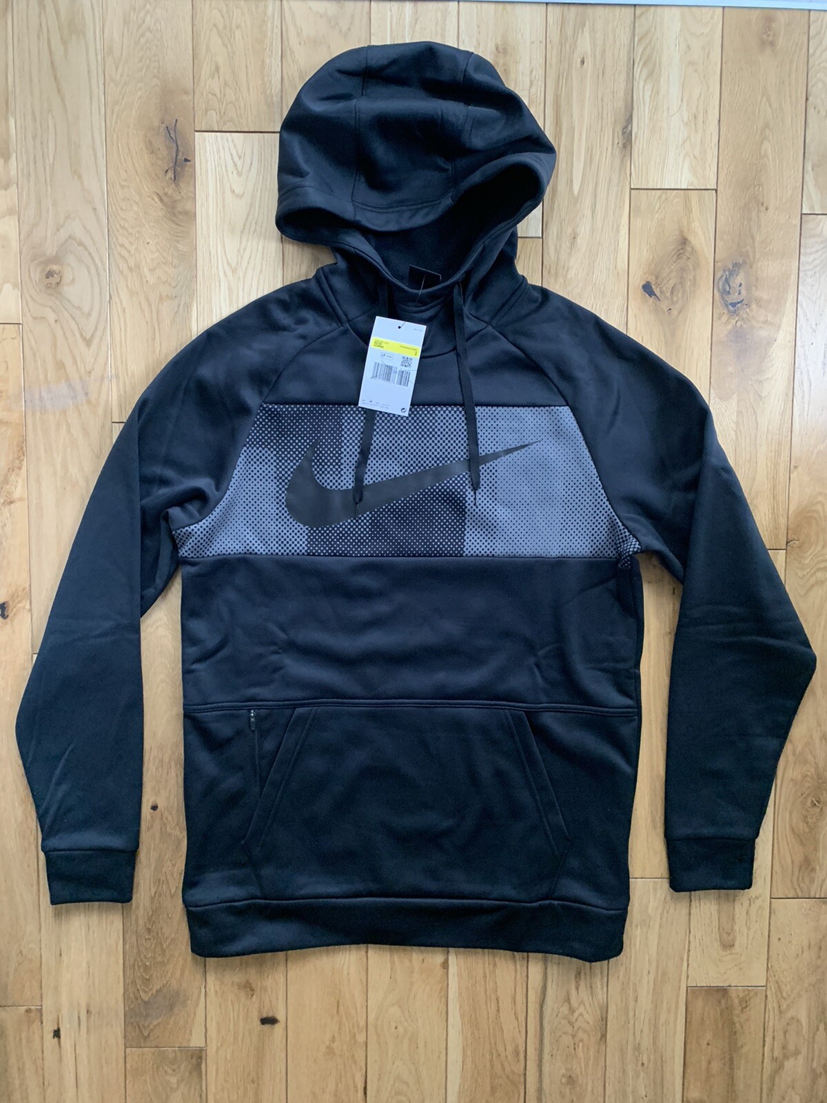 Nike Therma Dri Fit Poly Fleece Pullover Hoodie Sweatshirt Black Grey Size Small